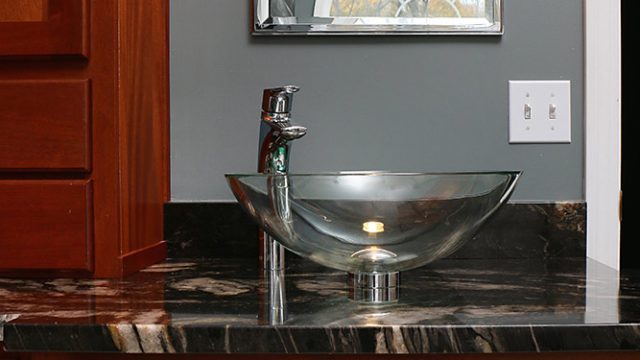 Contemporary bathroom - Vessel sink, Titanium granite, custom Mahogany vanity, full overlay
